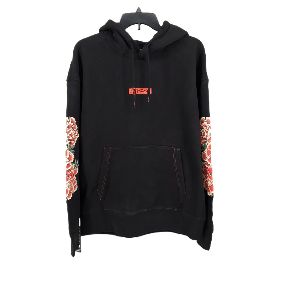 Ethika Mens Small 100% Cotton Lifestyle Hoodie Black Floral Sleeve Peony Graphic